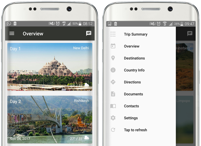 smartphones displaying wetu itinerary app features
